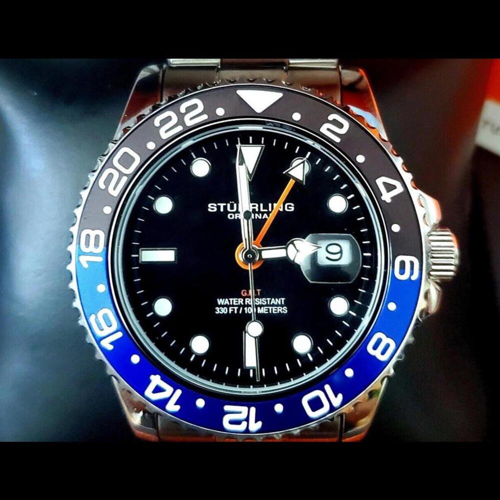 Rare Swiss Batman Stuhrling GMT Stainless Mens Diver Watch